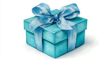 Fototapeta premium Soft light blue gift box with voluminous satin bow on a clean light blue background, featuring watercolor texture, gentle shadows, high contrast, and ample negative space for a minimal elegant scene.
