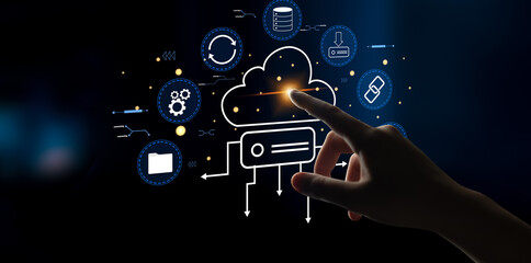 A cloud storage and data synchronization service ecosystem. A concept of cloud computing for file storage, backup, and sharing across devices. Motif