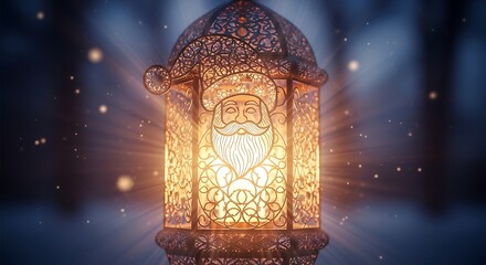 Intricate Golden Santa Lantern Radiating Christmas Cheer with Warm Light and Bokeh