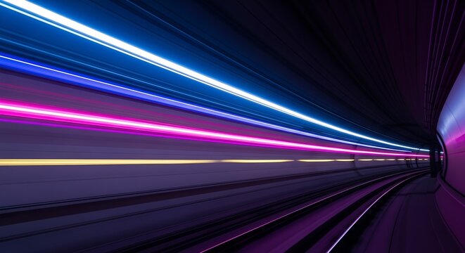 Futuristic subway tunnel with neon lights speeding through the dark space
