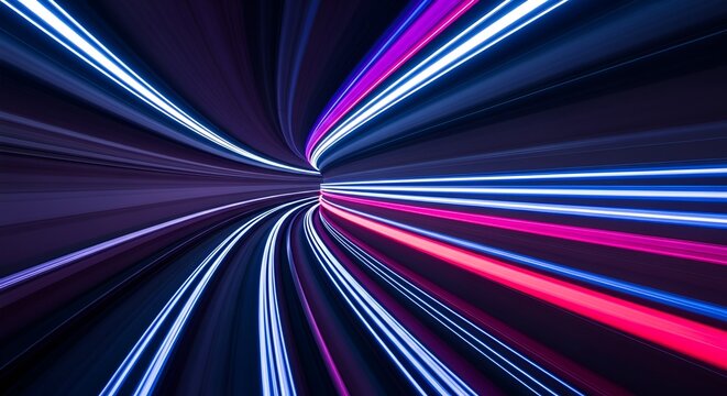 Futuristic tunnel vision of light trails in motion, abstract technology background