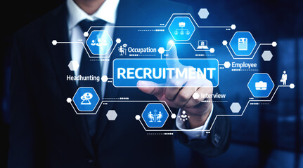 A businessman interacts with a digital recruitment interface, highlighting employee selection and interview processes as modern business trends in a tech environment. Tessel