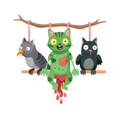 zombie cat hung on a rope and two pigeons sit there halloween illustration