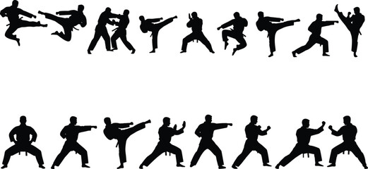 Martial Arts Karate Taekwondo Silhouettes Collection, Male Athletes Performing Kicks, Punches, and Stances in Action, Isolated Black Vector on White