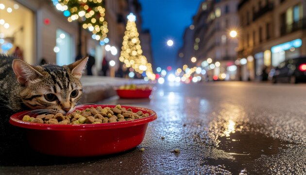 A tabby cat eats from a red bowl of food on a wet city street at night, with blurred Christmas lights and a decorated tree in the background. - Powered by Adobe