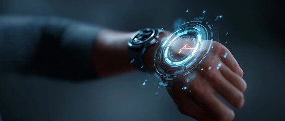 Concept of The technology to check health with smart watch. Futuristic smart watch technology male looking at watch checking health. holographic icon user interface - Powered by Adobe