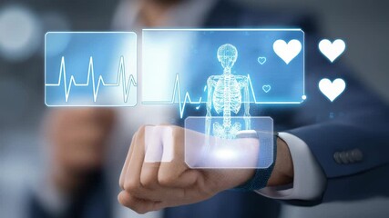 Concept of The technology to check health with smart watch. Futuristic smart watch technology male looking at watch checking health. holographic icon user interface - Powered by Adobe