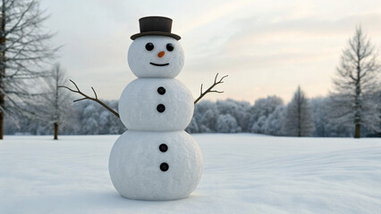 Obraz premium Christmas snowman with dark hat stands in weird scary winter landscape surrounded by bare trees and soft snow