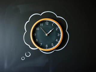 A clock's face within a chalk thought bubble on a blackboard, symbolizing constant thoughts on time,  concept,  chalk art