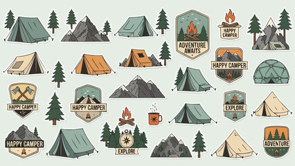 Camping Adventure - Tents, Mountains, and Outdoor Badges Collection.
