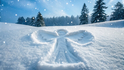 Obraz premium Christmas snow angel in weird dark winter forest with falling snow creates scary yet magical holiday atmosphere