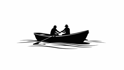 Silhouette of Two People Rowing a Boat on Water.
