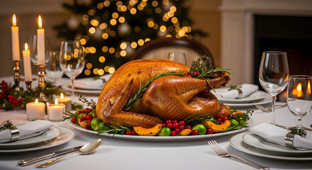Roasted Turkey Dinner with Christmas Decorations