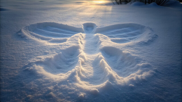 Christmas snow angel with weird and dark twist creates scary yet magical winter scene at sunset in cold snow