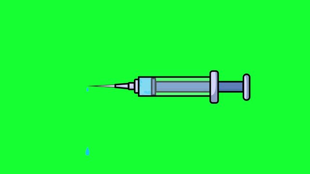 2D Cartoon Syringe Animation with Dropping Fluid (Medicine/Vaccine) on Green Screen Background