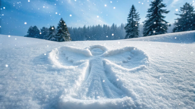 Christmas snow angel in weird dark winter forest with falling snow creates scary yet magical holiday atmosphere