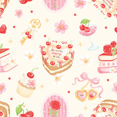 Cute cherry valentine pattern with heart shaped cake sweet cupcakes roses and pink bows in a soft coquette style perfect for romantic projects and seamless designs