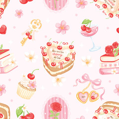 Cute cherry valentine pattern with heart shaped cake sweet cupcakes roses and pink bows in a soft coquette style perfect for romantic projects and seamless designs