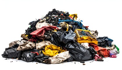 A large, messy pile of assorted discarded waste, trash, and garbage against white backdrop