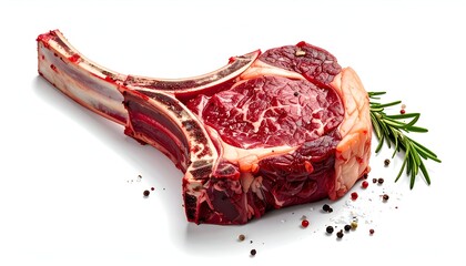 A large, raw ribeye steak with the bone in, seasoned with salt and peppercorns