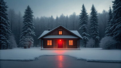 Christmas night at weird dark cabin in snowy forest with scary glowing red light and peaceful winter atmosphere