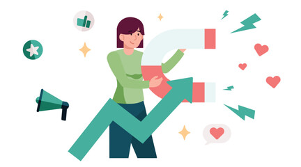 Woman attracting customers with a giant magnet.