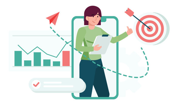 Businesswoman achieving goals with mobile marketing strategy.