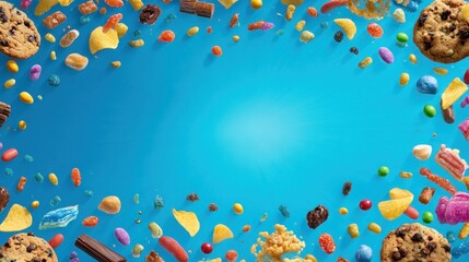 A vibrant array of cookies and candies scattered against a blue background, creating a playful and colorful snack-themed visual.