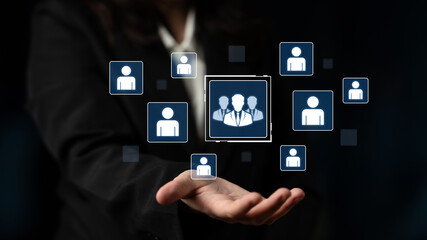 Concept of human resources and organizational structure. A professional team is shown within a corporate network, representing management, leadership, and collaboration. Fermion