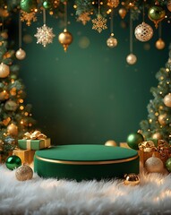 Christmas background scene, elegant green circular podium on a fluffy white surface, surrounded by glowing warm fairy lights, shiny green and gold Christmas ornaments