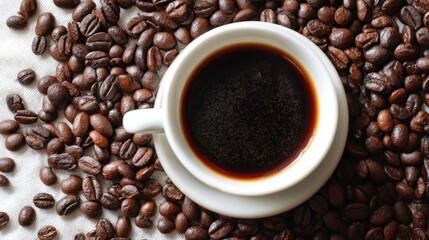 Obraz premium A close-up view of a coffee cup surrounded by roasted coffee beans, showcasing the rich color and texture of the beverage and its ingredients.