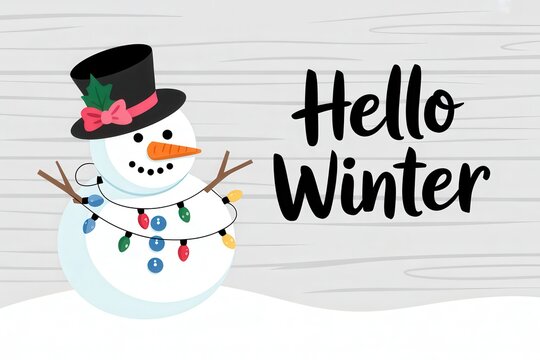 Cute snowman wearing top hat and string light decoration says hello winter