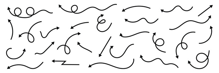 Set of hand drawn thin curved line directional arrows in doodle style. Black curve arrows collection isolated on white background.