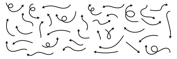 Set of hand drawn black arrows in various style. Set of  hand drawn black arrows. Set of simple lines hand drawn black arrows.