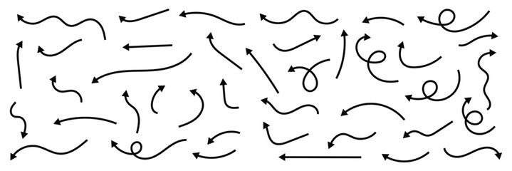 Hand drawn arrow doodle set. Curved, zigzag, and loop arrows for infographics and presentations. Vector illustration. EPS 10