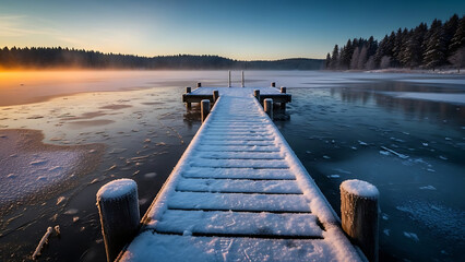 Frozen Wooden Pier on a Tranquil Lake During Sunrise with Frosty Mist and Snow-Covered Trees