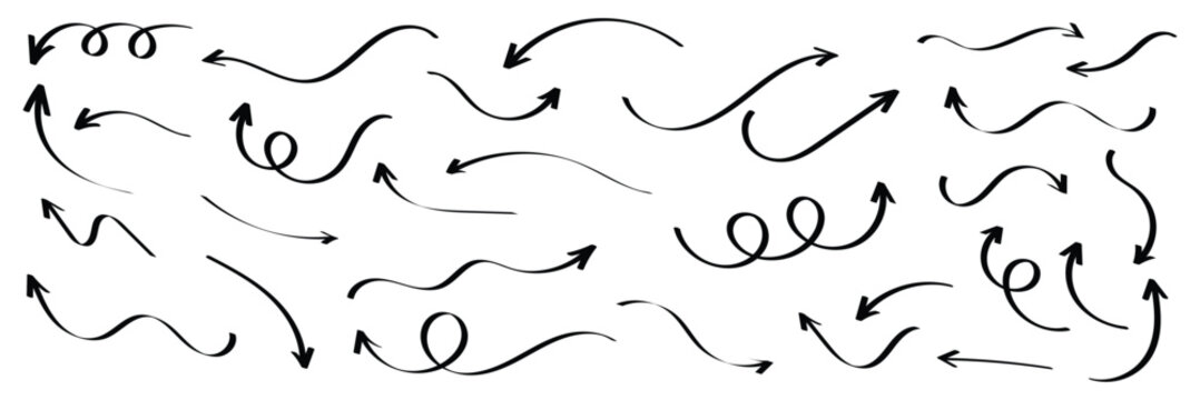 Hand drawn thin line arrows set. Many vector curvy arrow set on white background