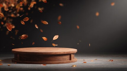 A wooden platform surrounded by floating autumn leaves against a dark background, creating a serene and inviting atmosphere.