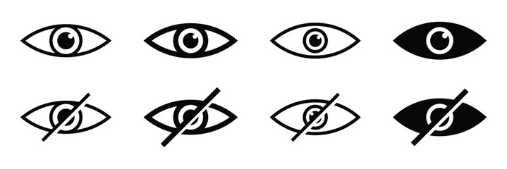Obraz premium Eye and no eye icons . See and unsee eye icon. Show and hide icon. Vector illustration. Visible icon in flat and stroke style. Vector for app, UI, websites.