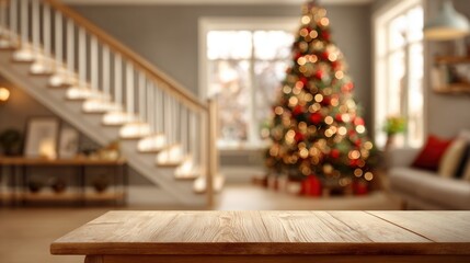 A cozy, festive living room featuring a beautifully decorated Christmas tree and a wooden table in the foreground, creating a warm holiday atmosphere.