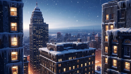 Snowy urban panorama featuring illuminated skyscrapers at dusk with icicles hanging from buildings