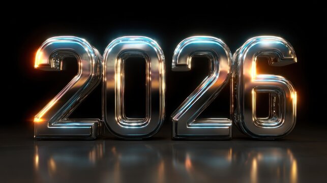 A futuristic representation of the year 2026, featuring glossy, metallic numbers that reflect light in a sleek, modern style.