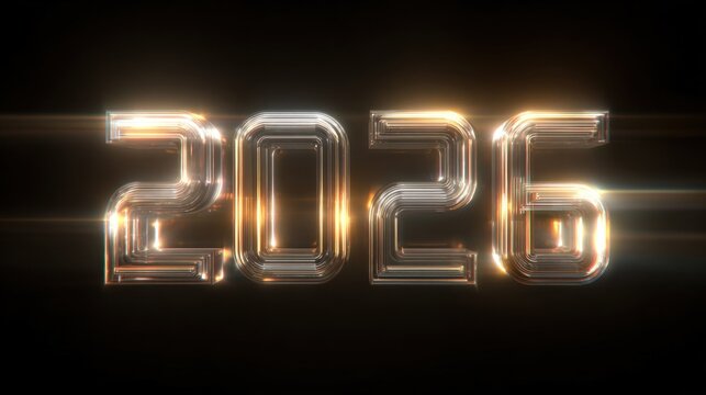 A futuristic representation of the year "2026" illuminated with metallic effects against a dark background.