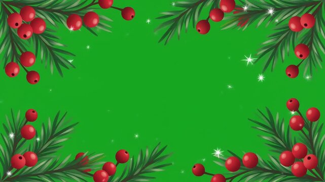 Animated Christmas Holiday Border with Pine Branches and Berries on a Green Screen Background.