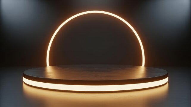 Empty podium stage with glowing neon light ring for product display