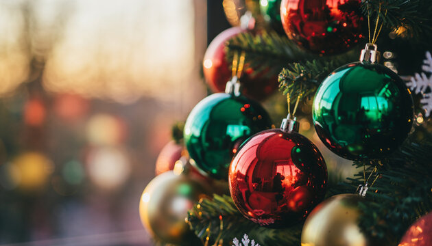 Dekorasi pohon Natal meriah dengan ornamen bola warna-warni dan lampu emas untuk perayaan hari libur musim dingin