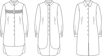 Shirt dress fashion sketch, collar and hem variation, front view flat template, cad drawing flat vector illustration design