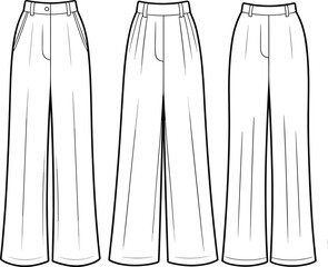 Wide-leg trousers fashion sketch, high waist silhouette, pleated front flat template, cad drawing flat vector illustration design