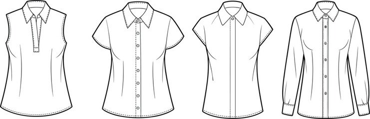 Women’s blouse fashion sketch, sleeve and collar variation, front view flat template, cad drawing flat vector illustration design