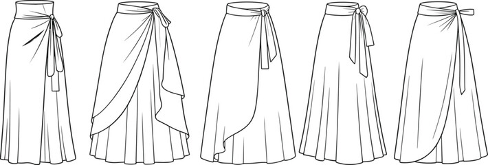 Long skirt fashion sketch, wrap drape design, high waist silhouette, garment flat template, cad drawing flat vector illustration